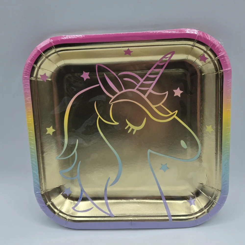 321 Party Gold Rainbow Unicorn Party Plates